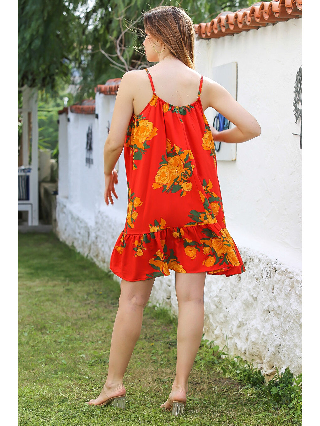 Turuncu Eteği Fırfırlı Ayarlanabilir Askılı Allover Baskılı Casual Viskon Dokuma Elbise 105 66-4