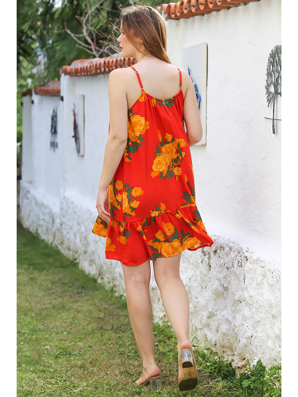 Turuncu Eteği Fırfırlı Ayarlanabilir Askılı Allover Baskılı Casual Viskon Dokuma Elbise 105 66-5