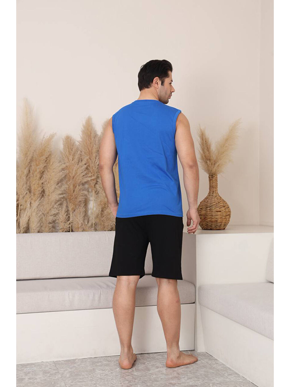 Mavi %100 Pamuklu Kolsuz Cepli Erkek Şortlu Pijama Takımı 2011-4