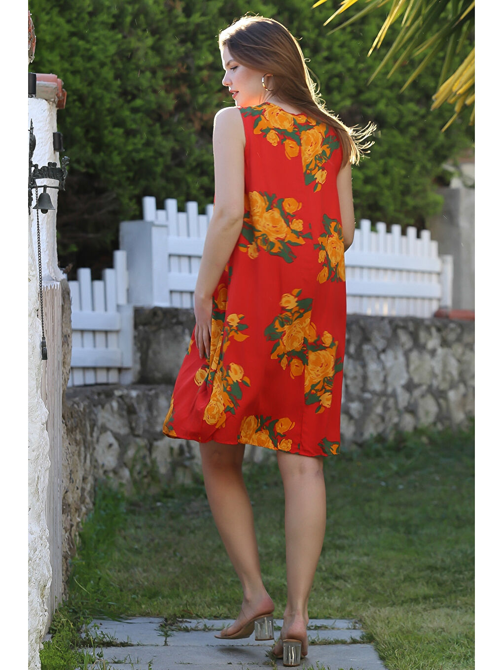 Turuncu Havuz Yaka Kolsuz Bağlamalı Püsküllü Allover Baskılı Casual Viskon Dokuma Elbise 100 60-5