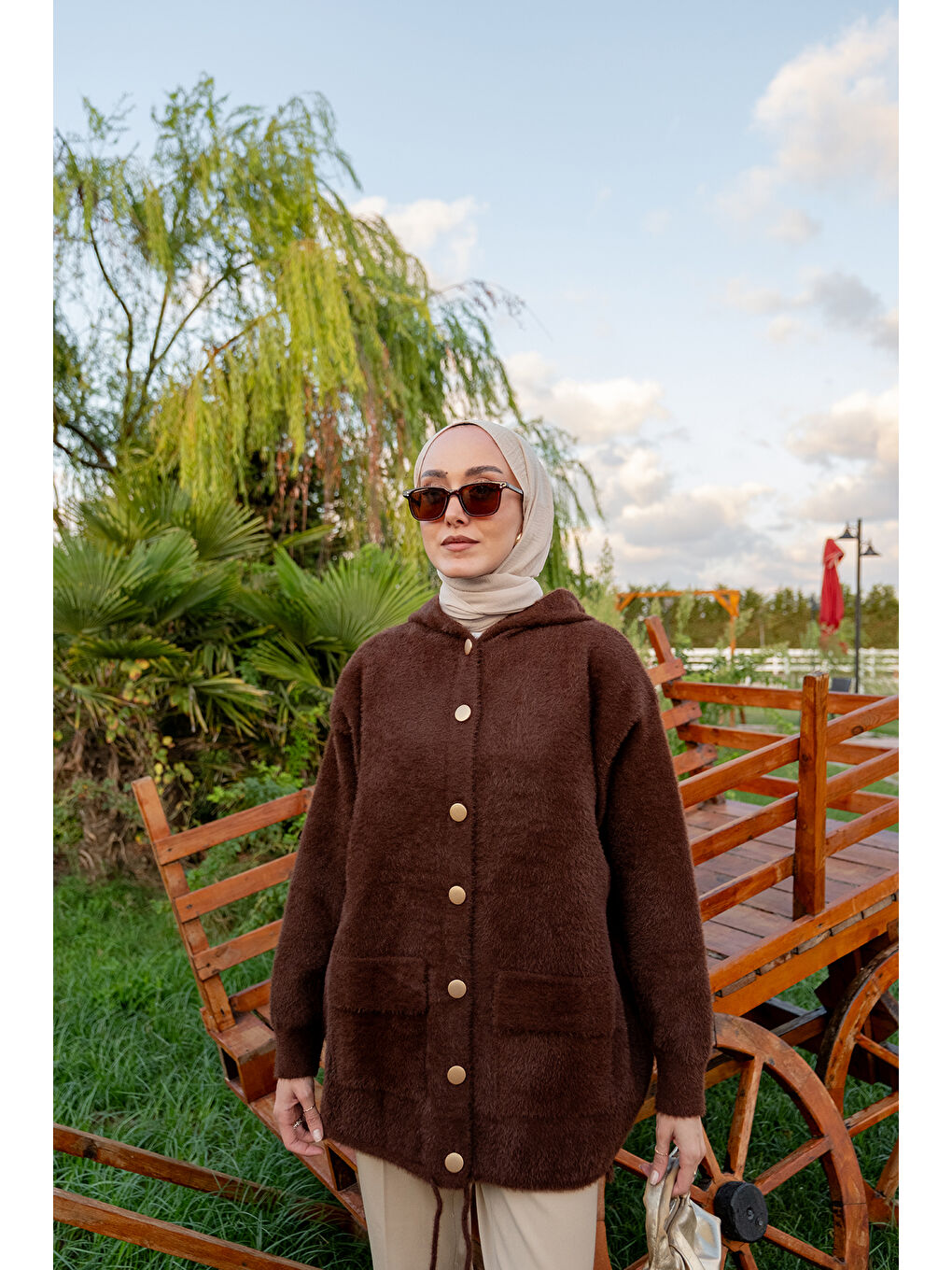 Kadın Kapüşonlu Triko Ceket Kahverengi-2