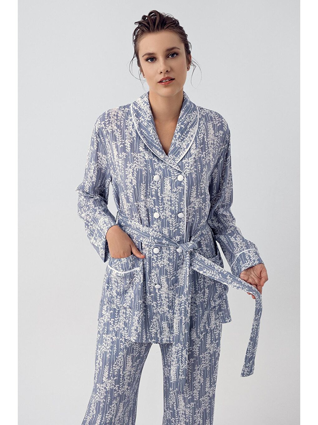 Artış İndigo Desenli Düğmeli Uzun Kollu Kimono Esnek Viskon Pijama Takımı 16205 - 1