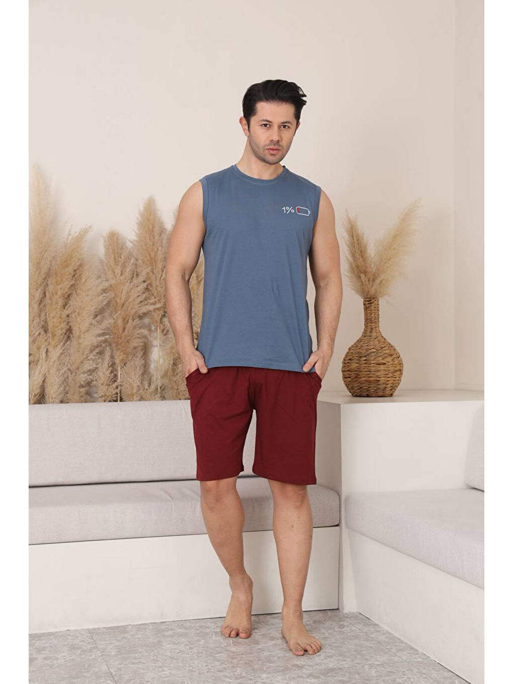 Gri %100 Pamuklu Kolsuz Cepli Erkek Şortlu Pijama Takımı 2011