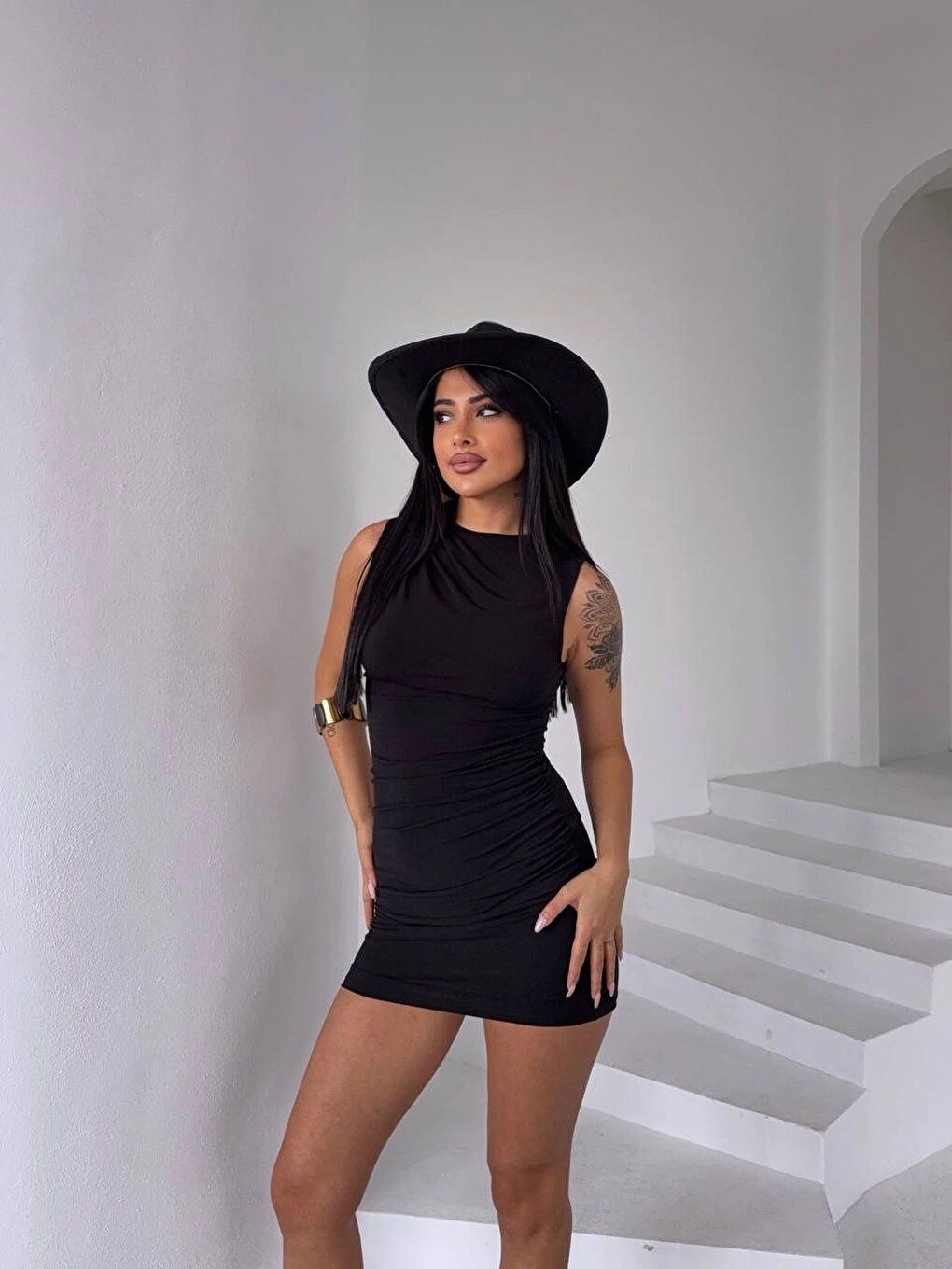 Kadın Siyah Beli Drapeli Sandy Kumaş Mini Elbise HZL25S-FRY122981-1