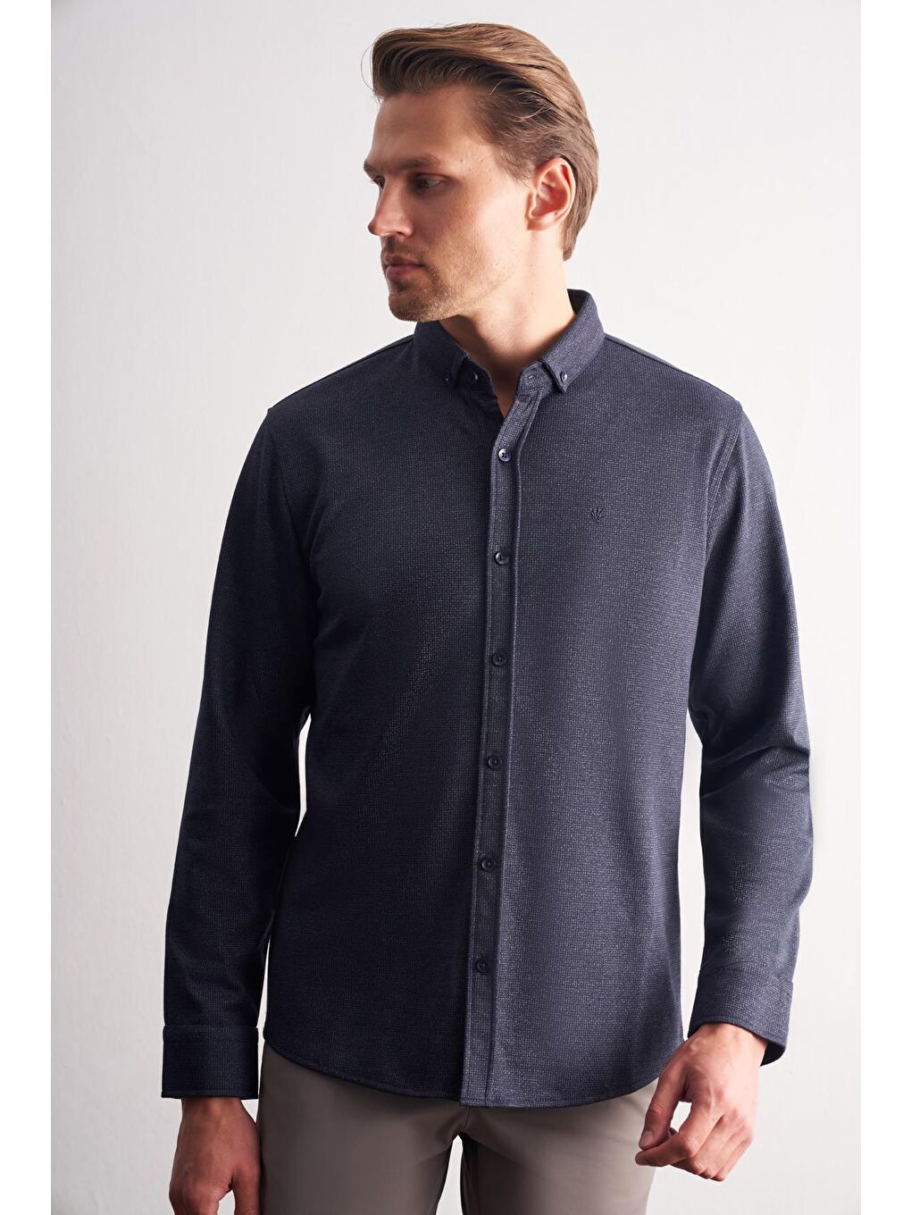 Koyu Lacivert Smart Düğmeli Yaka Uzun Kol Cepsiz Slim Fit Casual Gömlek 1004255171-2