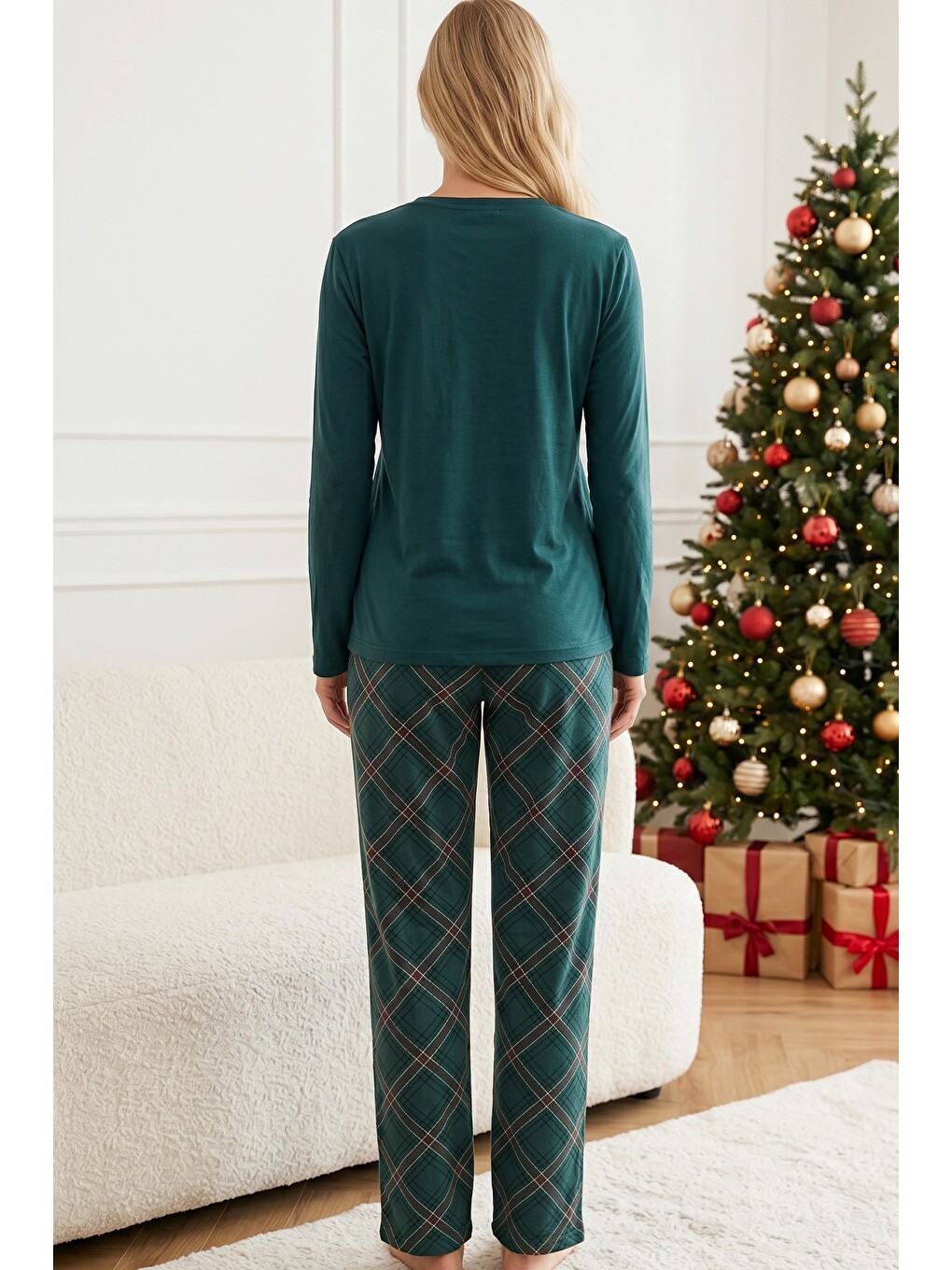 Yeşil Yılbaşı Temalı Pamuklu Elastanlı Örme Pijama Takım26240343-2