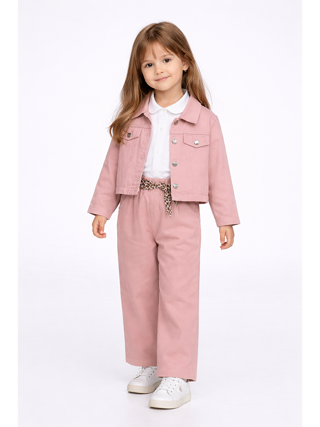 Pembe Kız Çocuk Gabardin Ceketli Takım – Düğmeli Dokuma Gömlekli, Beli Lastikli Kemerli Pantolon 2-5 Yaş
