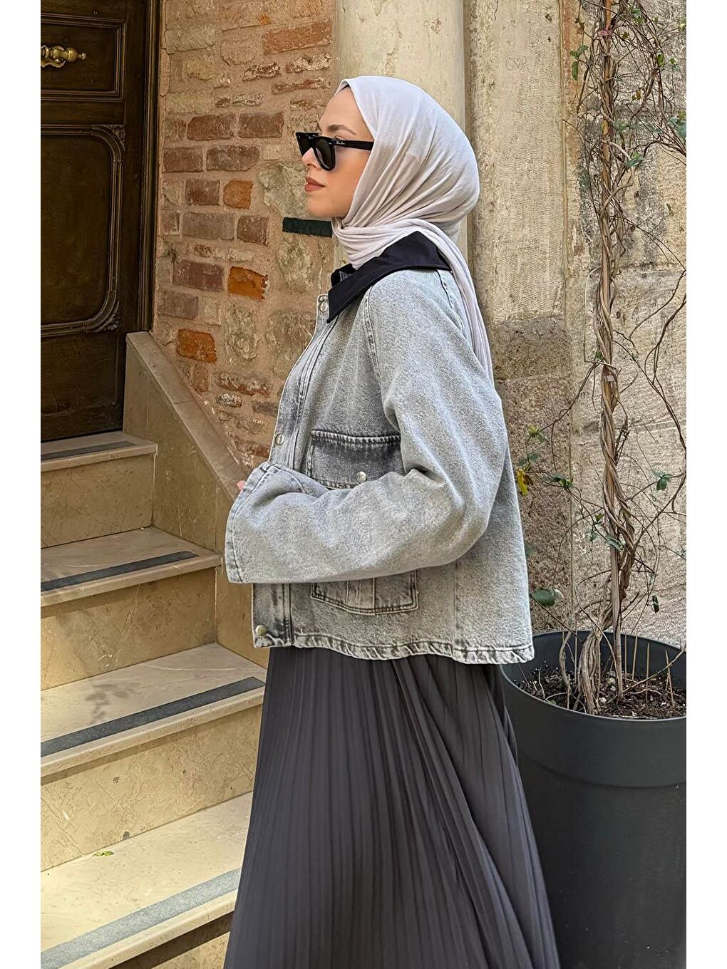 Çıtçıtlı Denim Ceket Gri-1