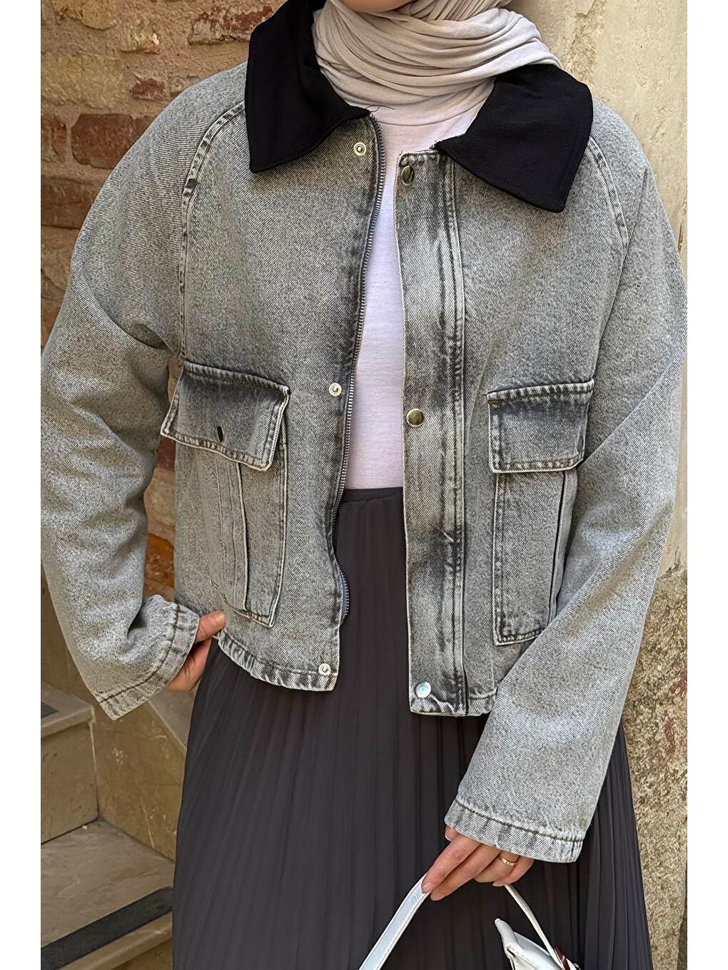 Çıtçıtlı Denim Ceket Gri-2