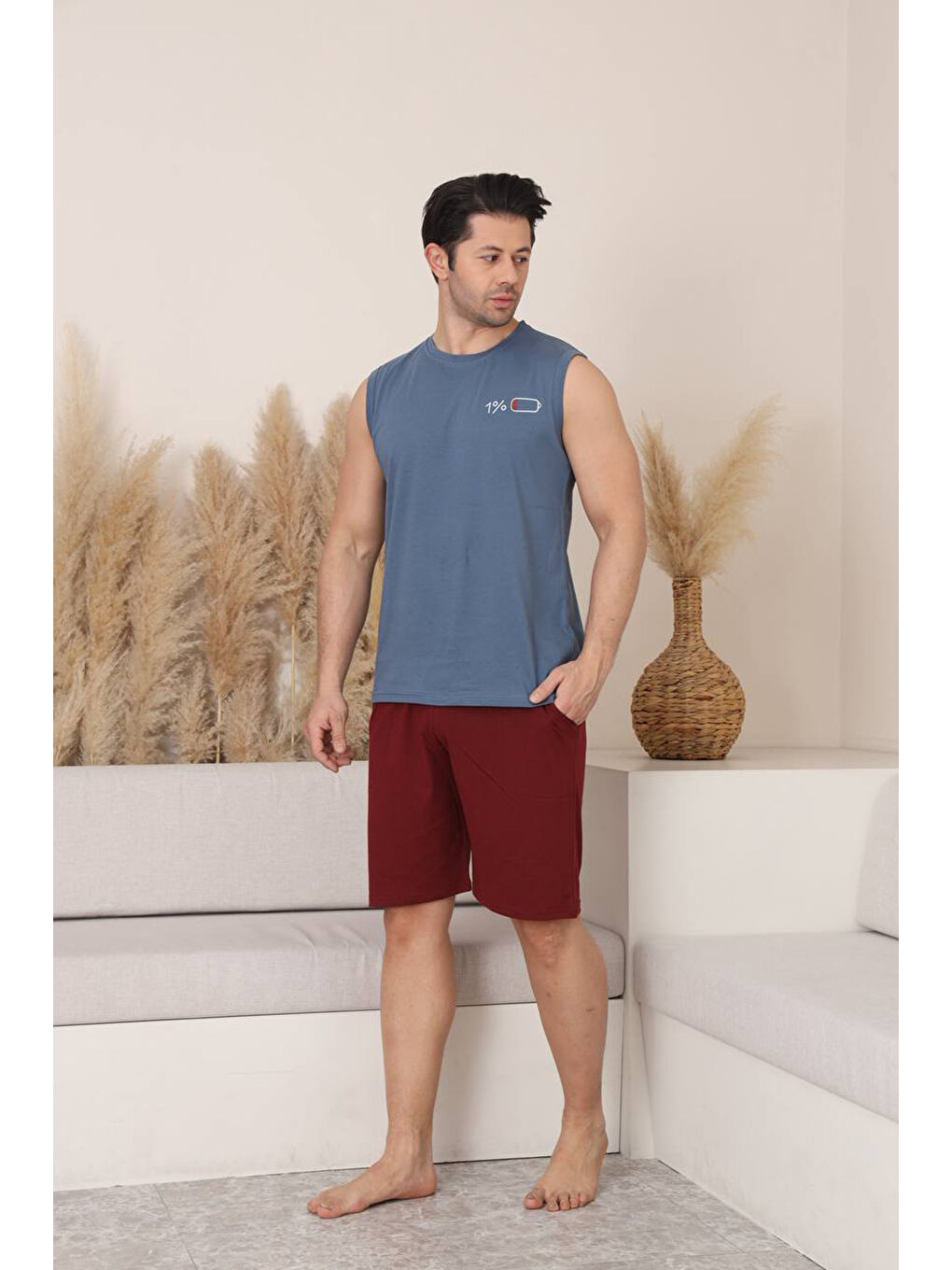 Gri %100 Pamuklu Kolsuz Cepli Erkek Şortlu Pijama Takımı 2011-1