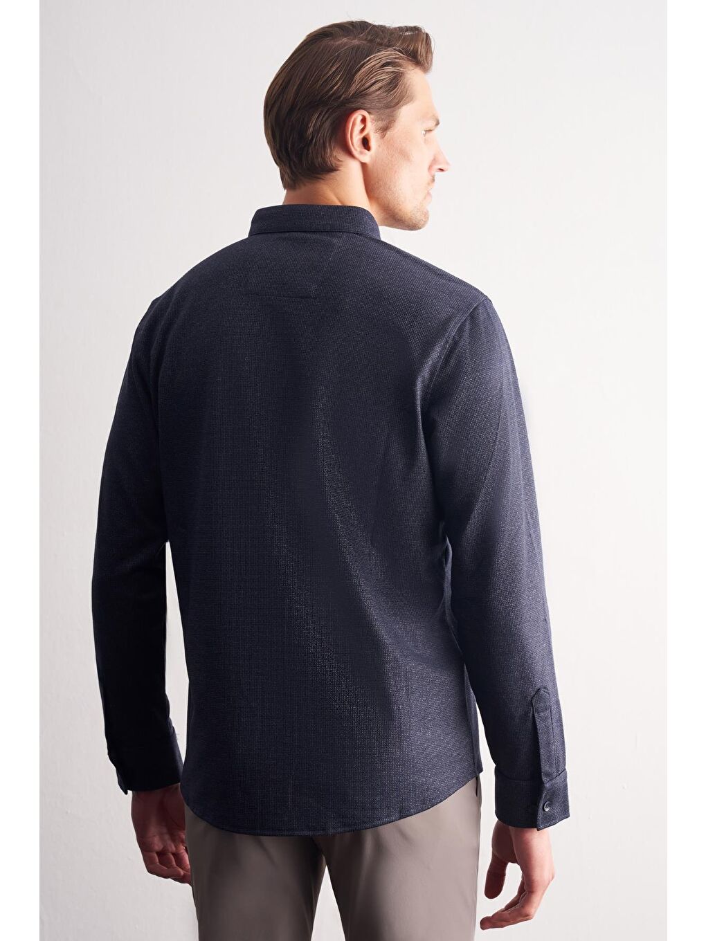 Koyu Lacivert Smart Düğmeli Yaka Uzun Kol Cepsiz Slim Fit Casual Gömlek 1004255171-4