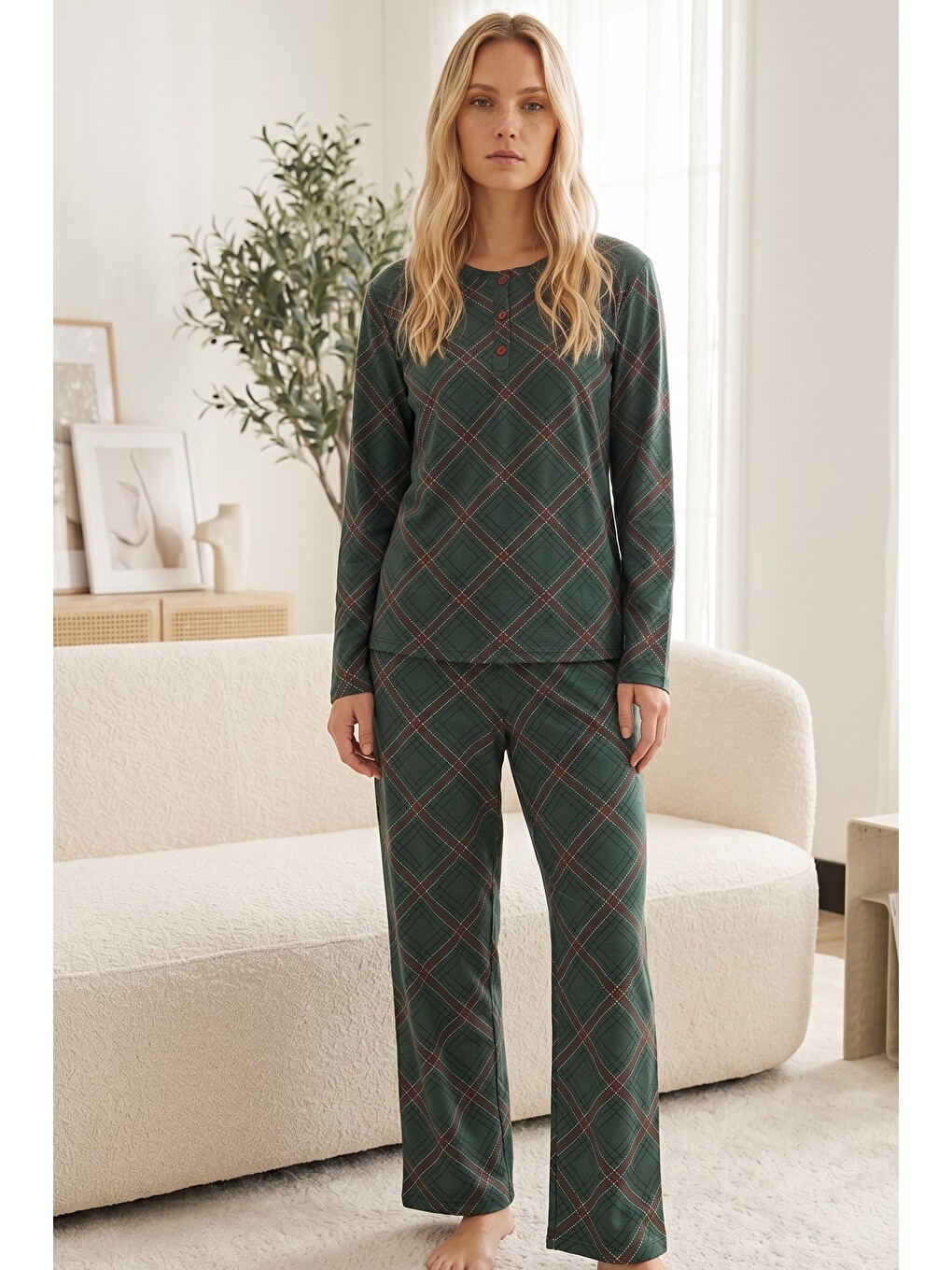 Yeşil Düğmeli Pamuklu Elastanlı Örme Pijama Takım26240354-1