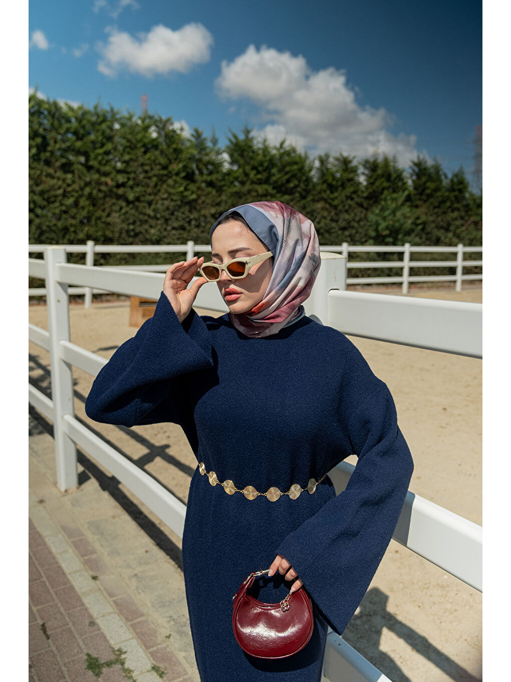 Kadın Kemerli Triko Elbise Lacivert-1