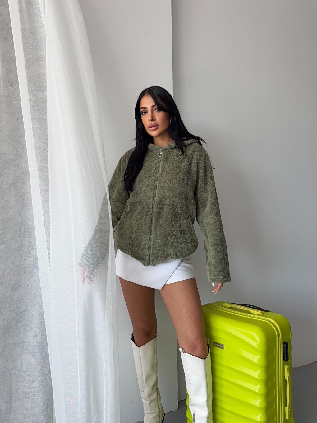 Fermuarlı Kapüşonlu Haki Polar Sweatshirt-1