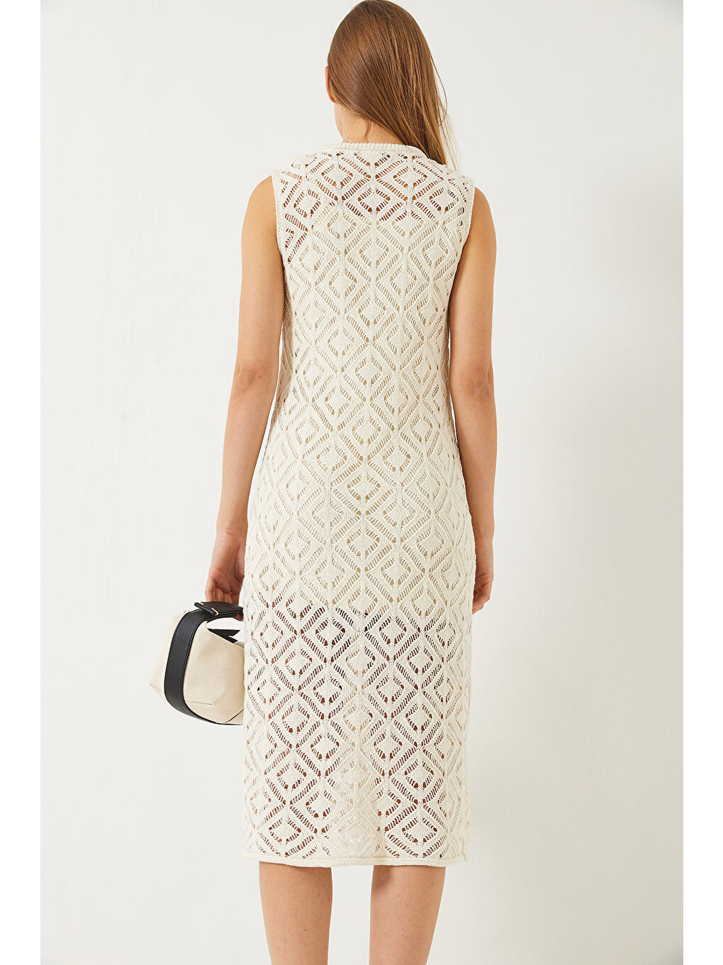 Ekru Kadın Bisiklet Yaka Yırtmaçlı Ajurlu Yazlık Triko Elbise-5