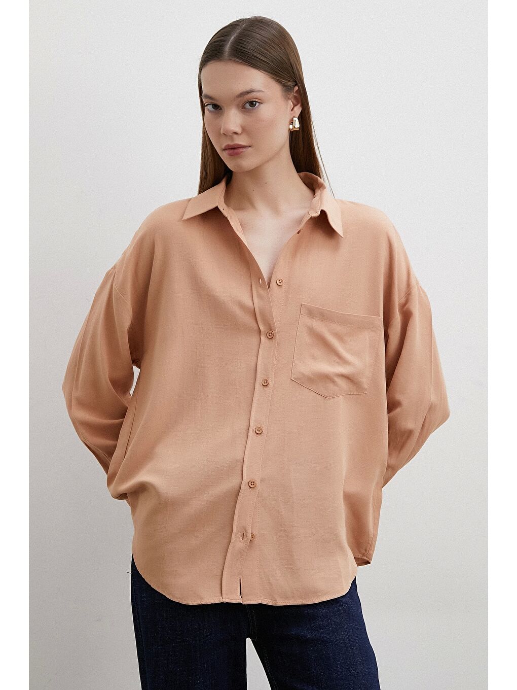 Pembe Keten Karışımlı Linen Prunes Gömlek Pudra