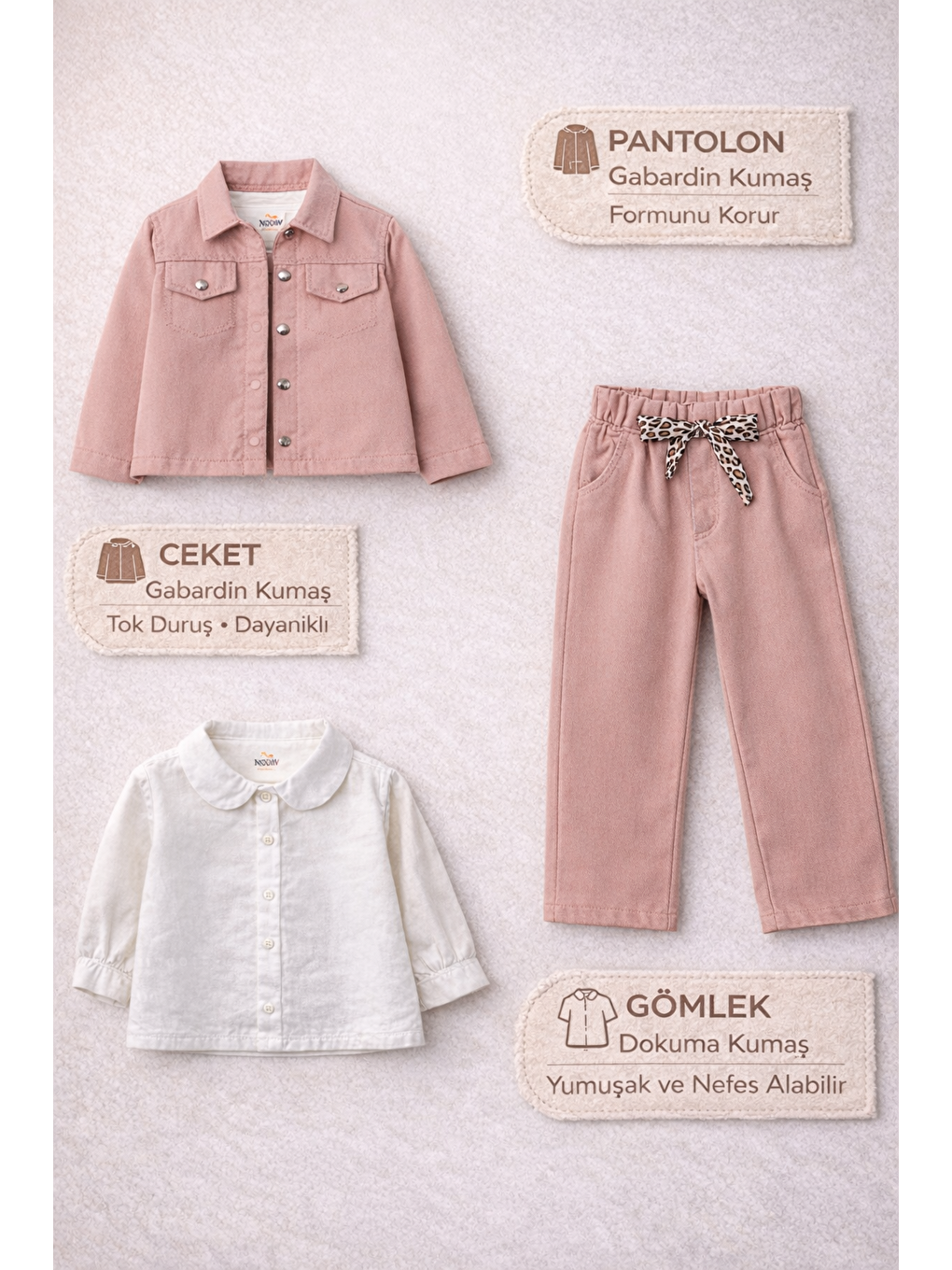 Pembe Kız Çocuk Gabardin Ceketli Takım – Düğmeli Dokuma Gömlekli, Beli Lastikli Kemerli Pantolon 2-5 Yaş-2