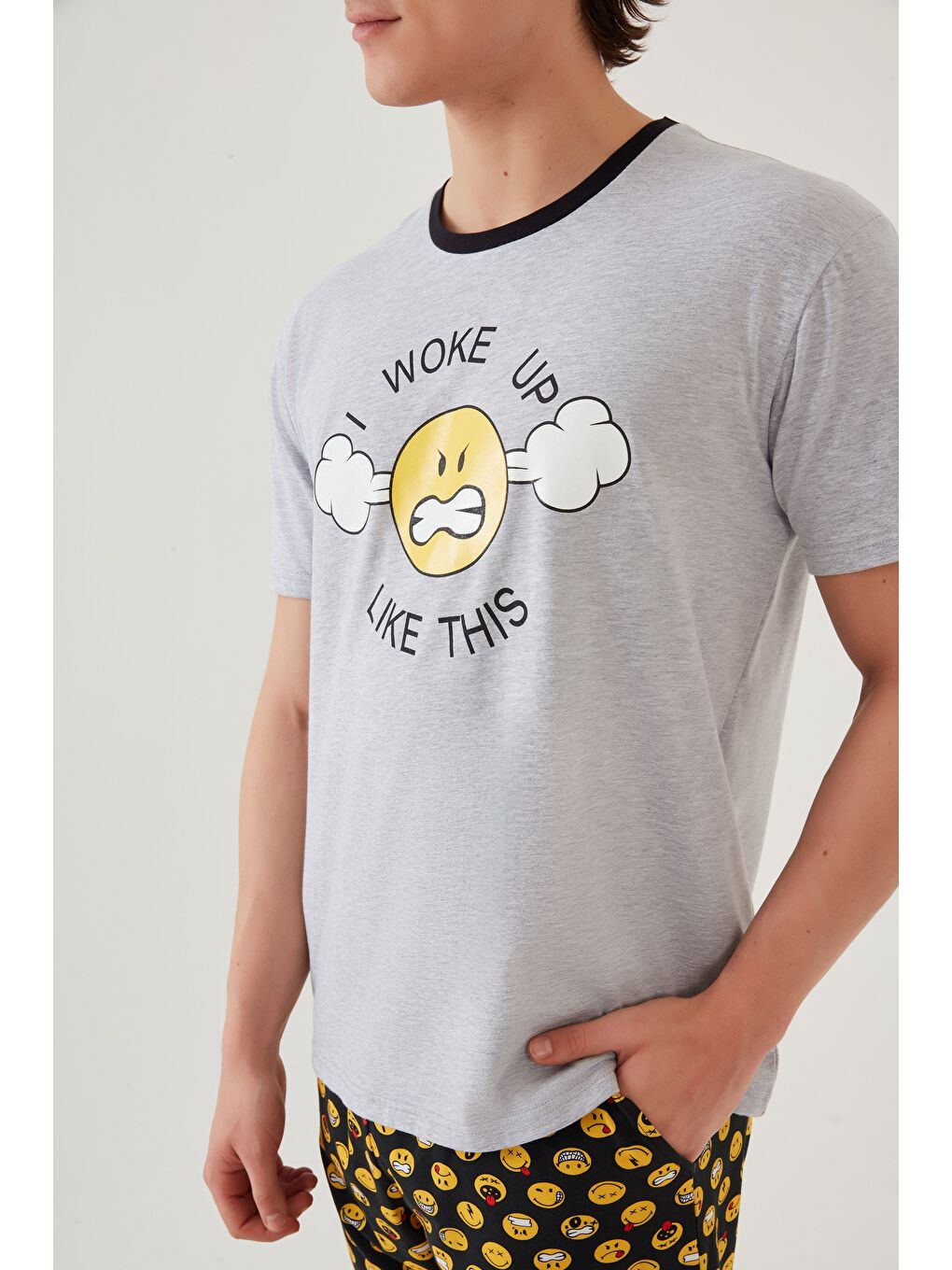 Gri Erkek Pamuklu Baskı Detaylı Şort Takımı-5