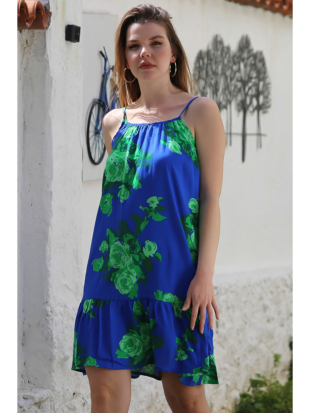 Mavi Eteği Fırfırlı Ayarlanabilir Askılı Allover Baskılı Casual Viskon Dokuma Elbise 105 66-1