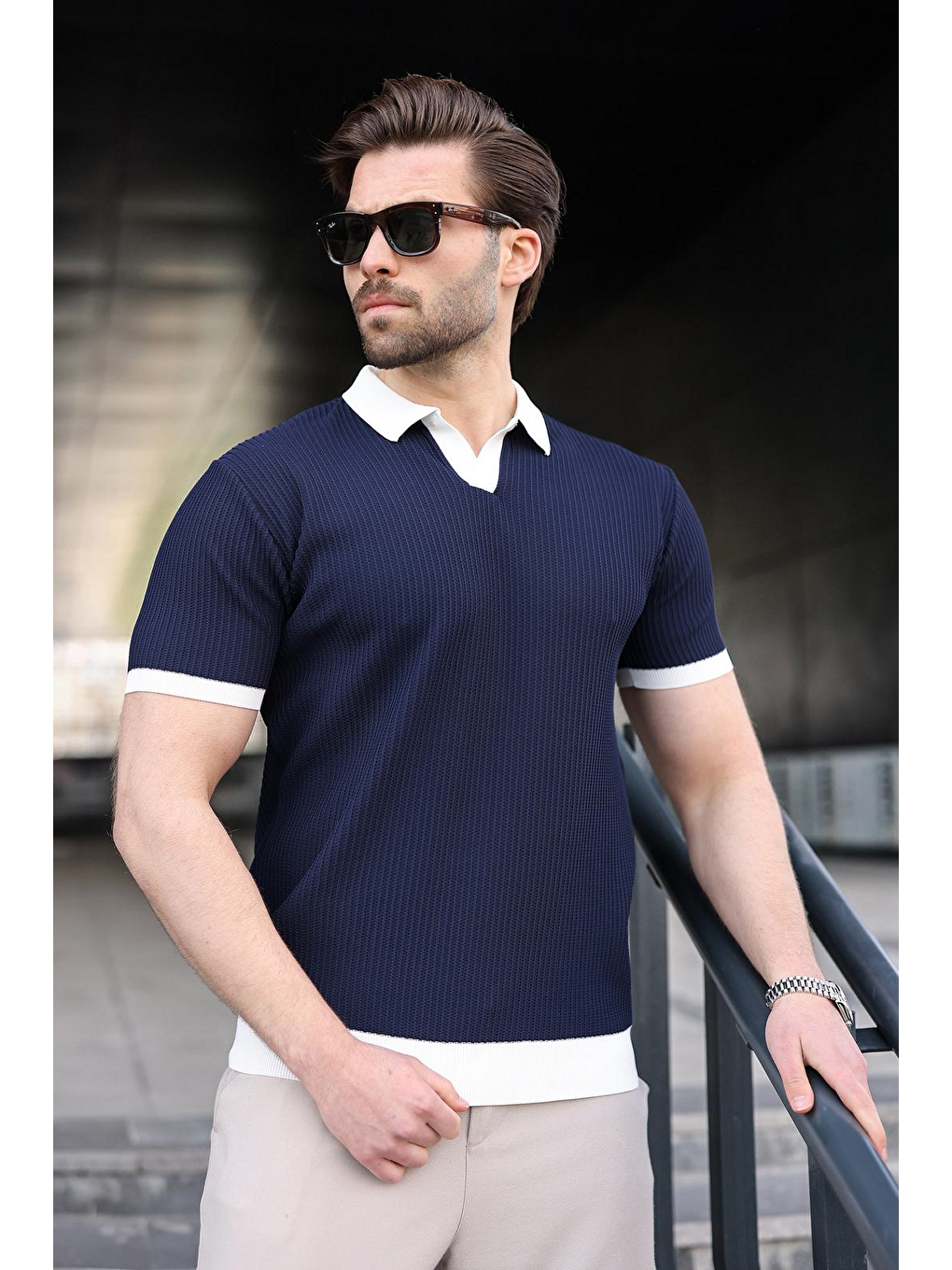 Lacivert Polo Yaka Triko Erkek Tişört E7464-1