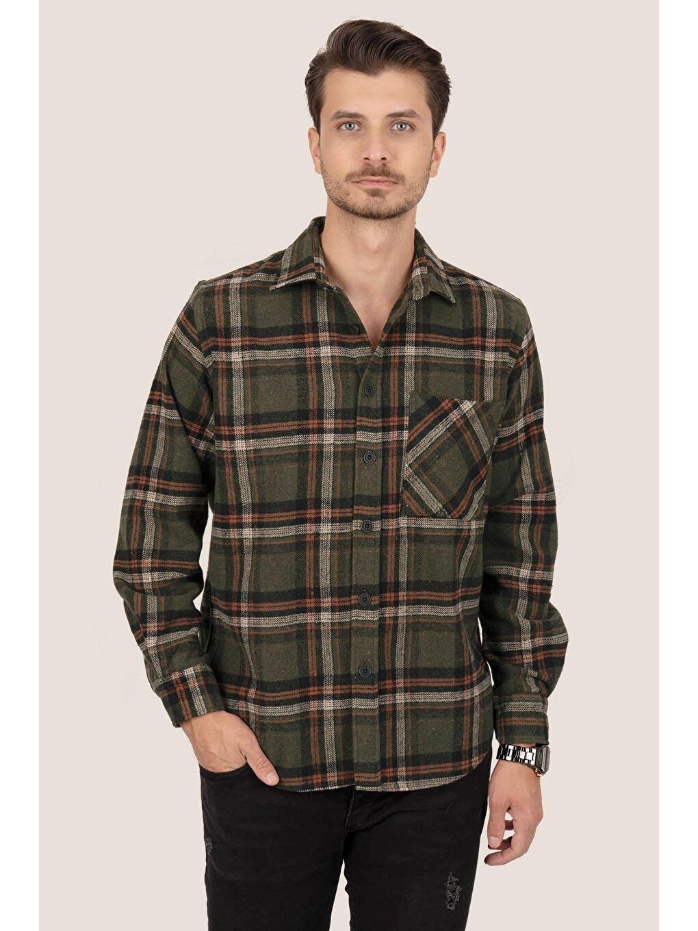 Asker Yeşili Turuncu Oversize Oduncu Erkek Gömlek-2