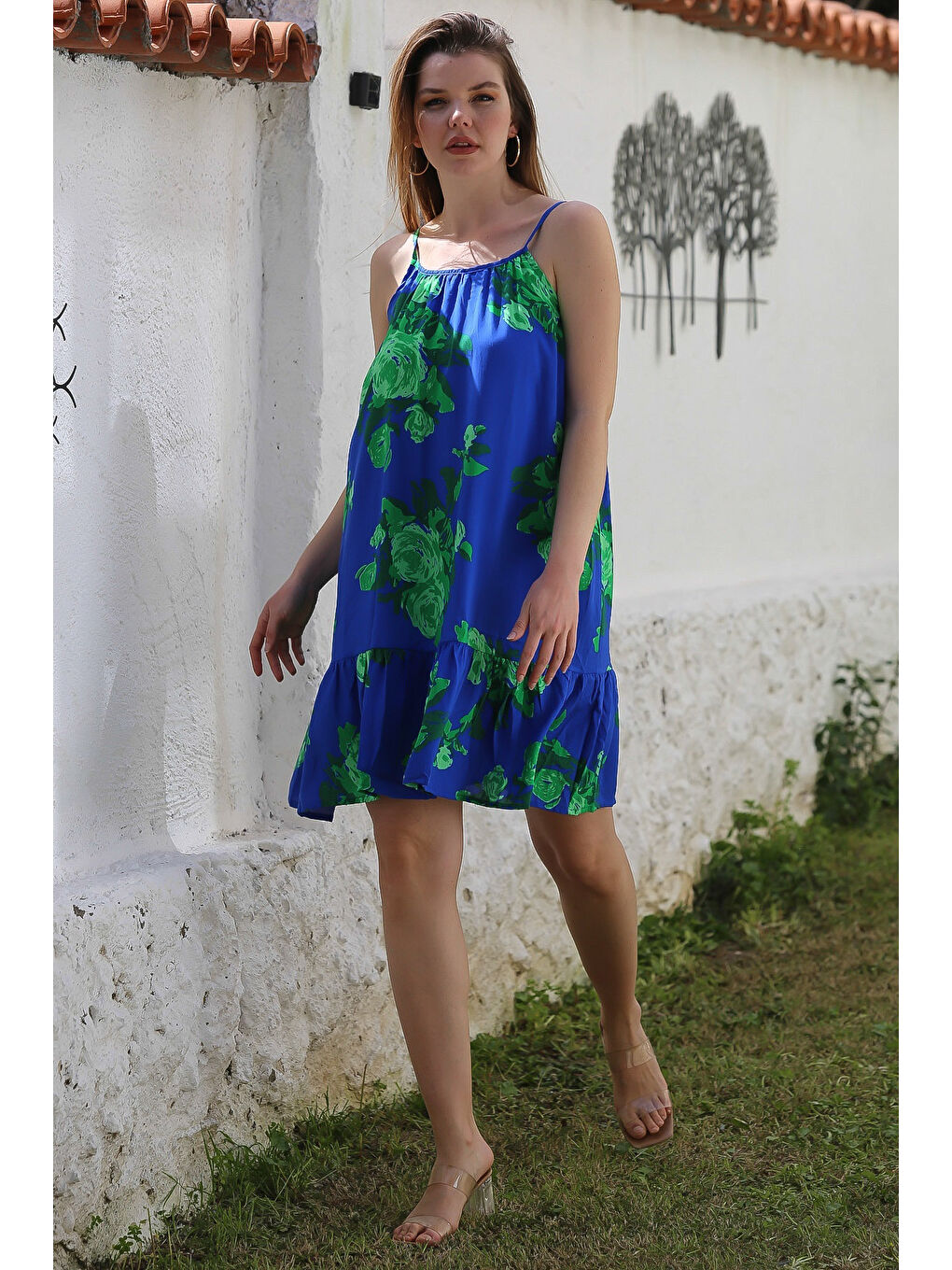 Mavi Eteği Fırfırlı Ayarlanabilir Askılı Allover Baskılı Casual Viskon Dokuma Elbise 105 66-3