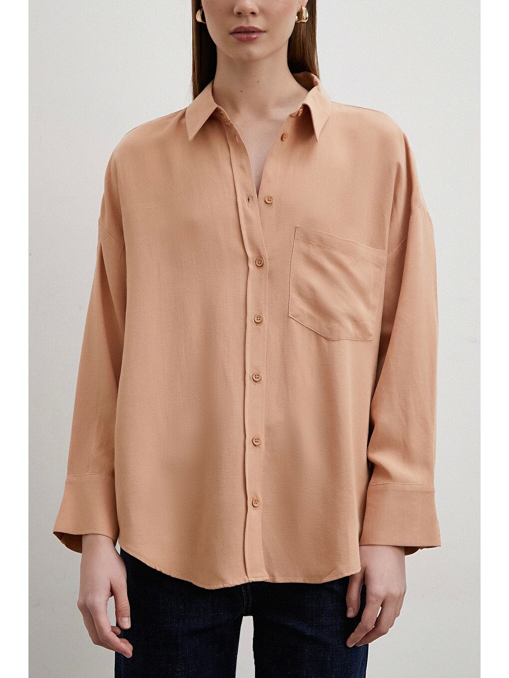 Pembe Keten Karışımlı Linen Prunes Gömlek Pudra-1