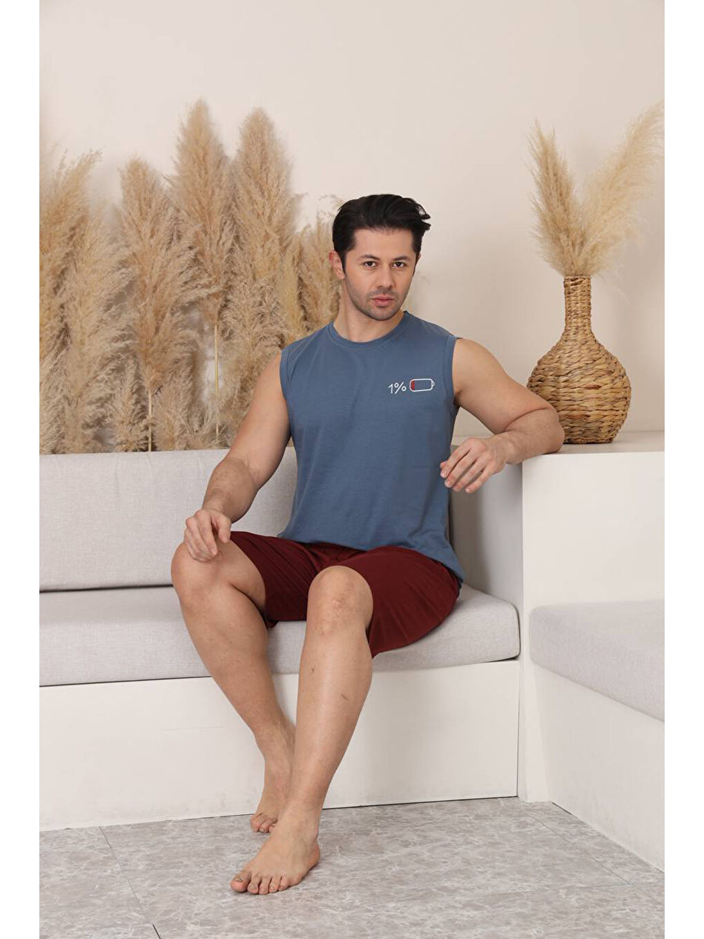 Gri %100 Pamuklu Kolsuz Cepli Erkek Şortlu Pijama Takımı 2011-3