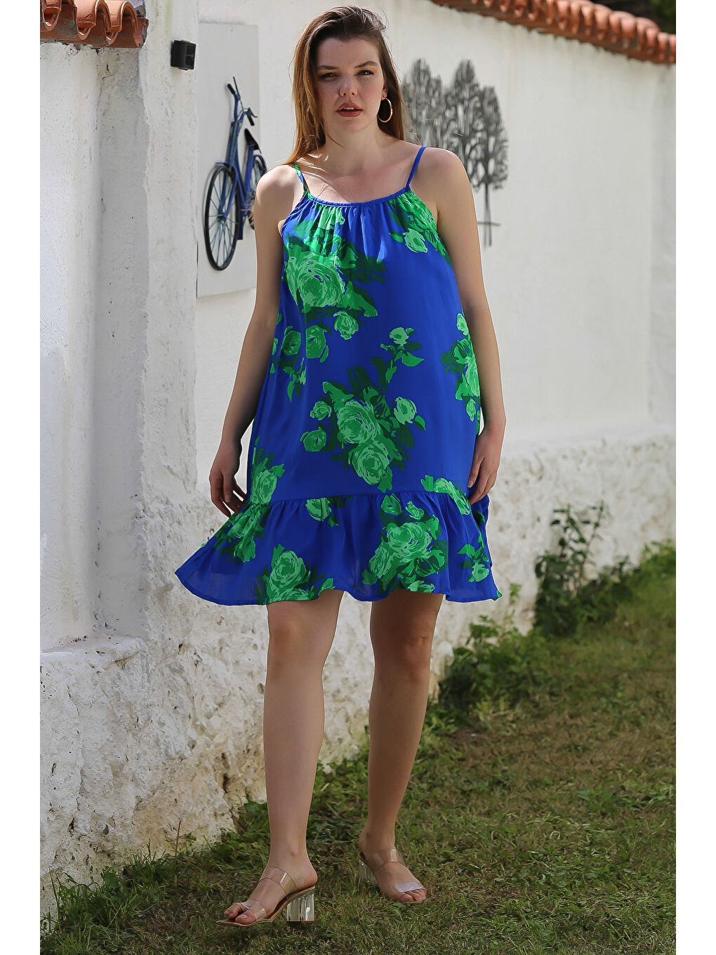 Mavi Eteği Fırfırlı Ayarlanabilir Askılı Allover Baskılı Casual Viskon Dokuma Elbise 105 66-4