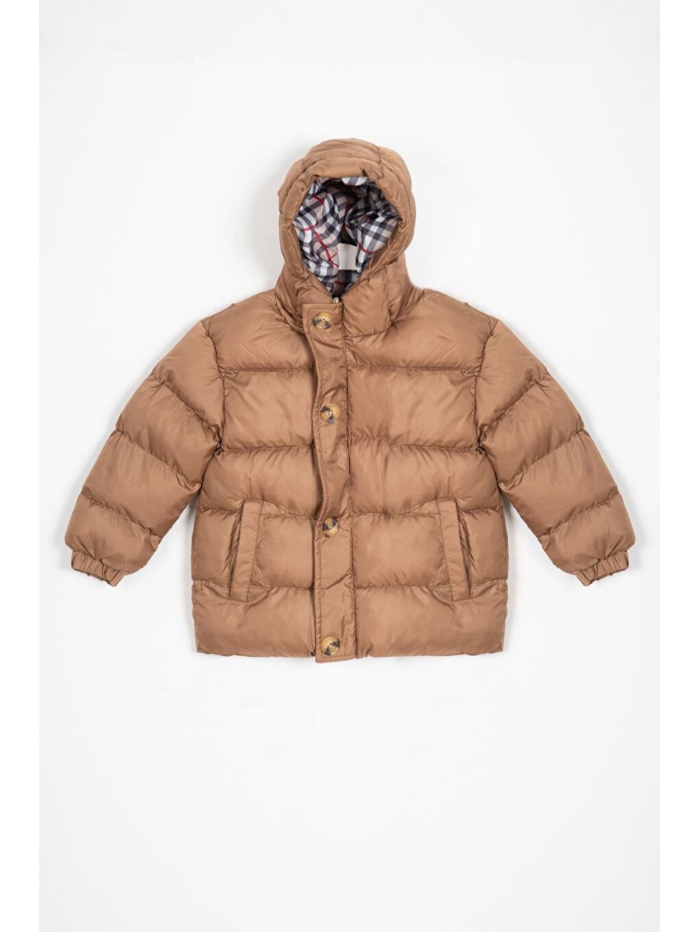 Bej Kapüşonlu Uzun Kol Düğmeli Fermuarlı Kahve Vizon Renk Erkek Çocuk Mont