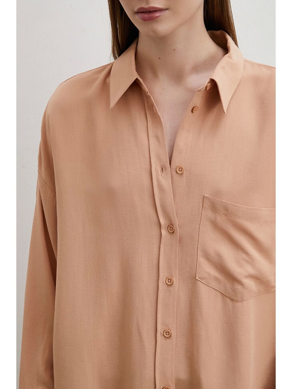 Pembe Keten Karışımlı Linen Prunes Gömlek Pudra-2