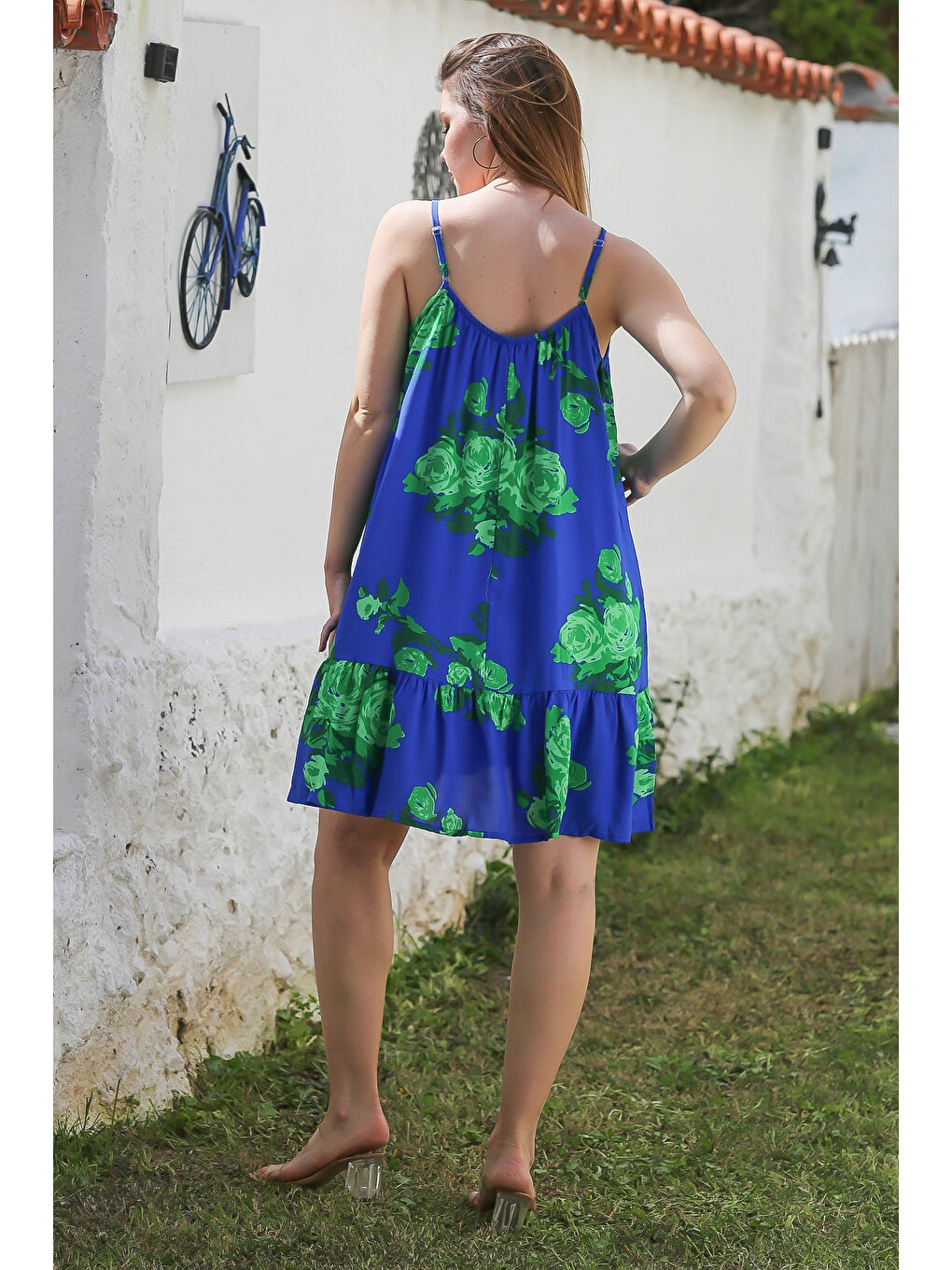 Mavi Eteği Fırfırlı Ayarlanabilir Askılı Allover Baskılı Casual Viskon Dokuma Elbise 105 66-7