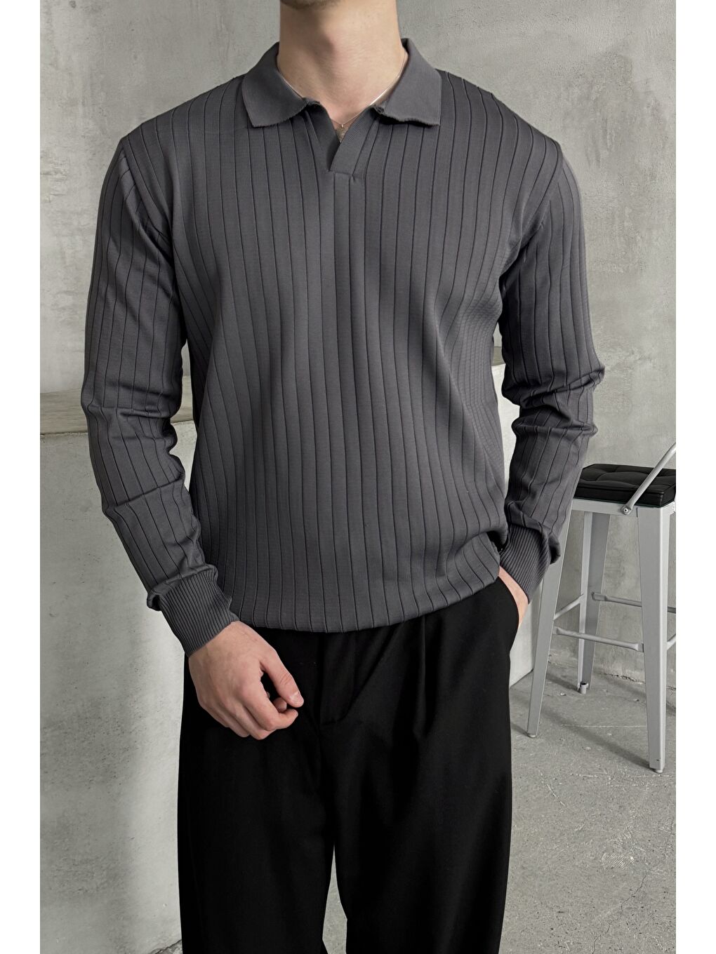 Antrasit Erkek Polo Yaka Fitilli Oversize Triko Kazak