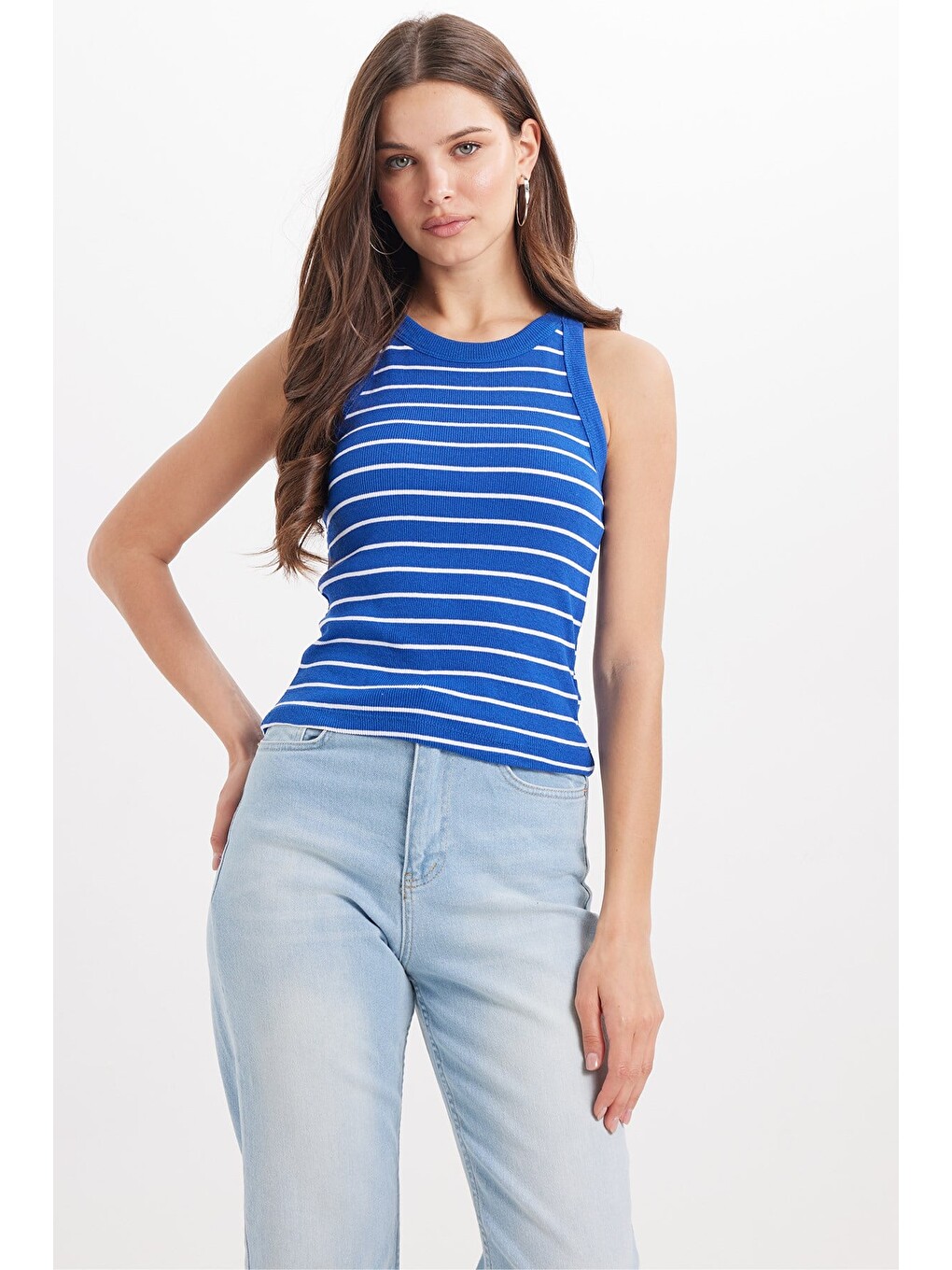 Kadın Slim Fit Dar Kesim Pamuklu Askılı Bisiklet Yaka Çizgili Saks Mavi Crop Atlet-2