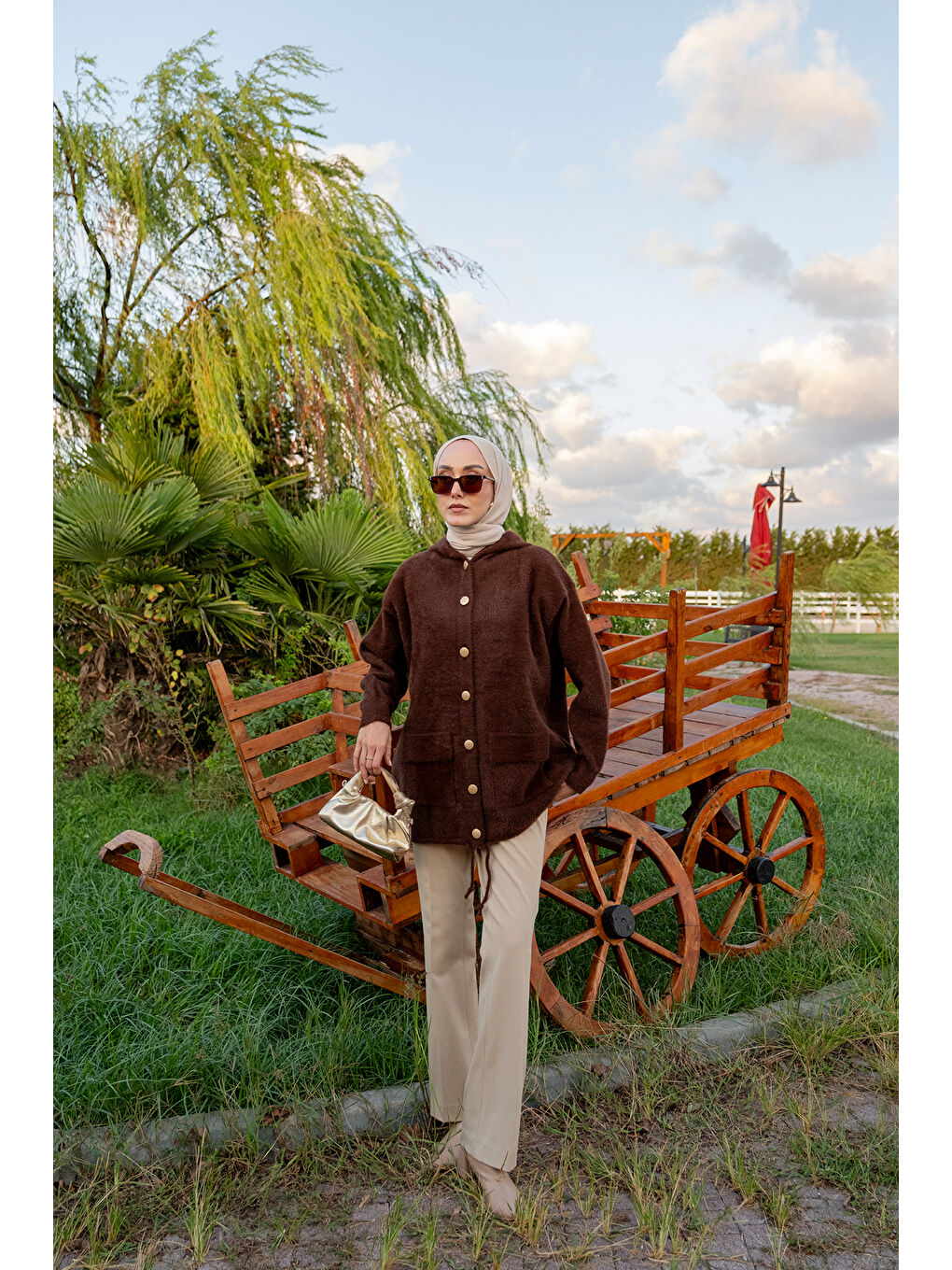 Kadın Kapüşonlu Triko Ceket Kahverengi-3