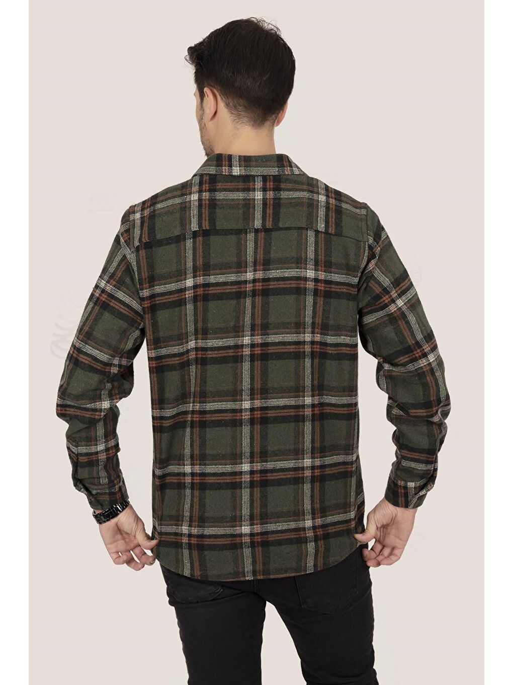 Asker Yeşili Turuncu Oversize Oduncu Erkek Gömlek-6