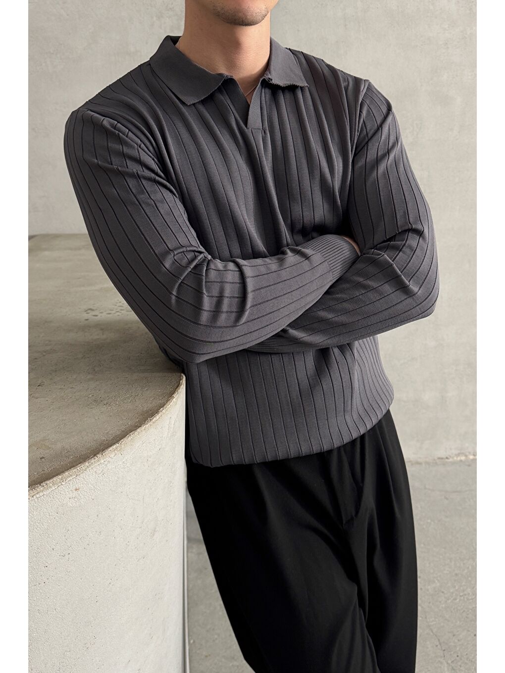 Antrasit Erkek Polo Yaka Fitilli Oversize Triko Kazak-1