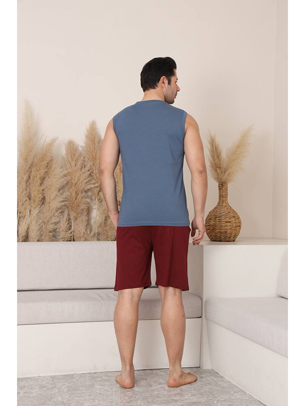 Gri %100 Pamuklu Kolsuz Cepli Erkek Şortlu Pijama Takımı 2011-4