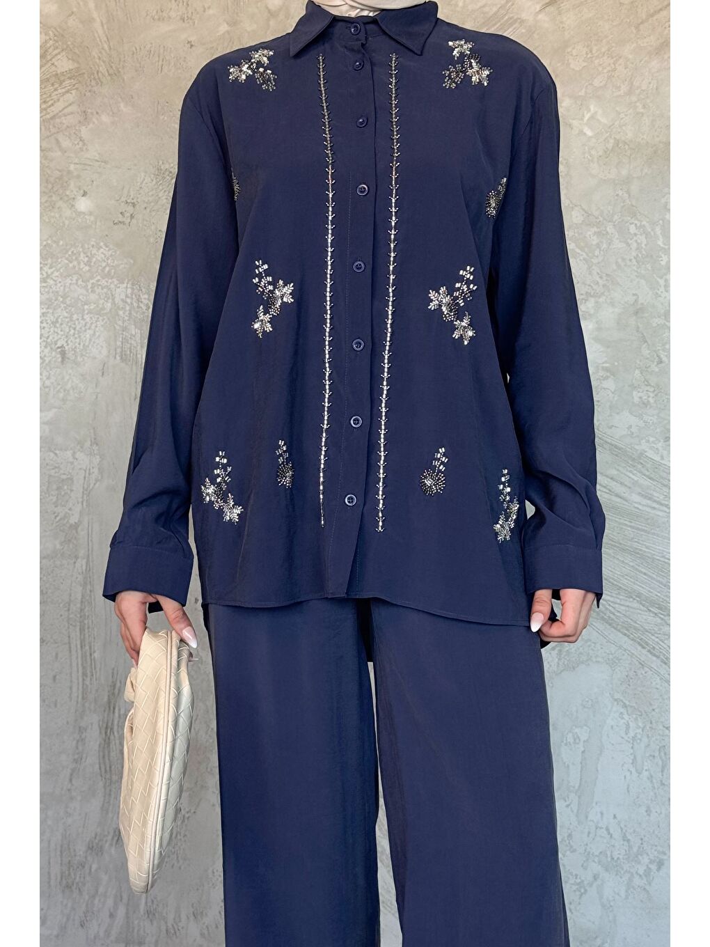 Lacivert Kadın Boncuk İşlemeli Tesettür Gömlek Pantolon İkili Takım-2