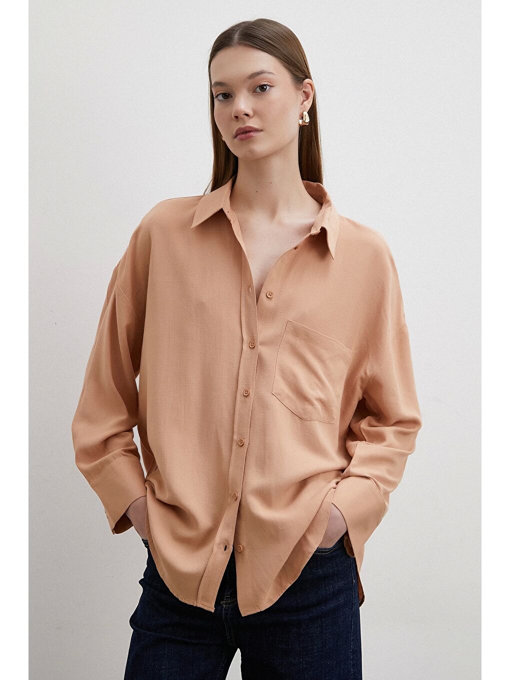 Pembe Keten Karışımlı Linen Prunes Gömlek Pudra-4