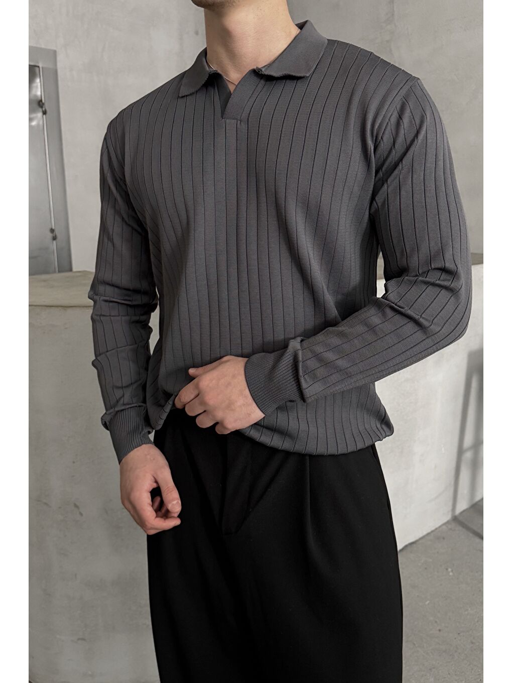 Antrasit Erkek Polo Yaka Fitilli Oversize Triko Kazak-2