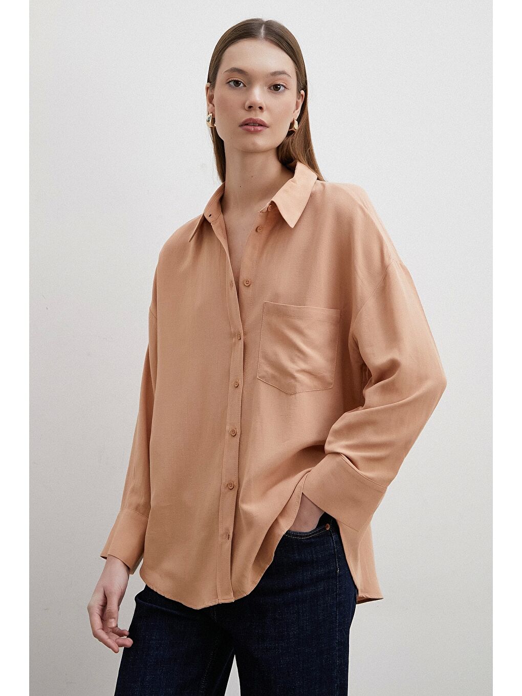 Pembe Keten Karışımlı Linen Prunes Gömlek Pudra-5