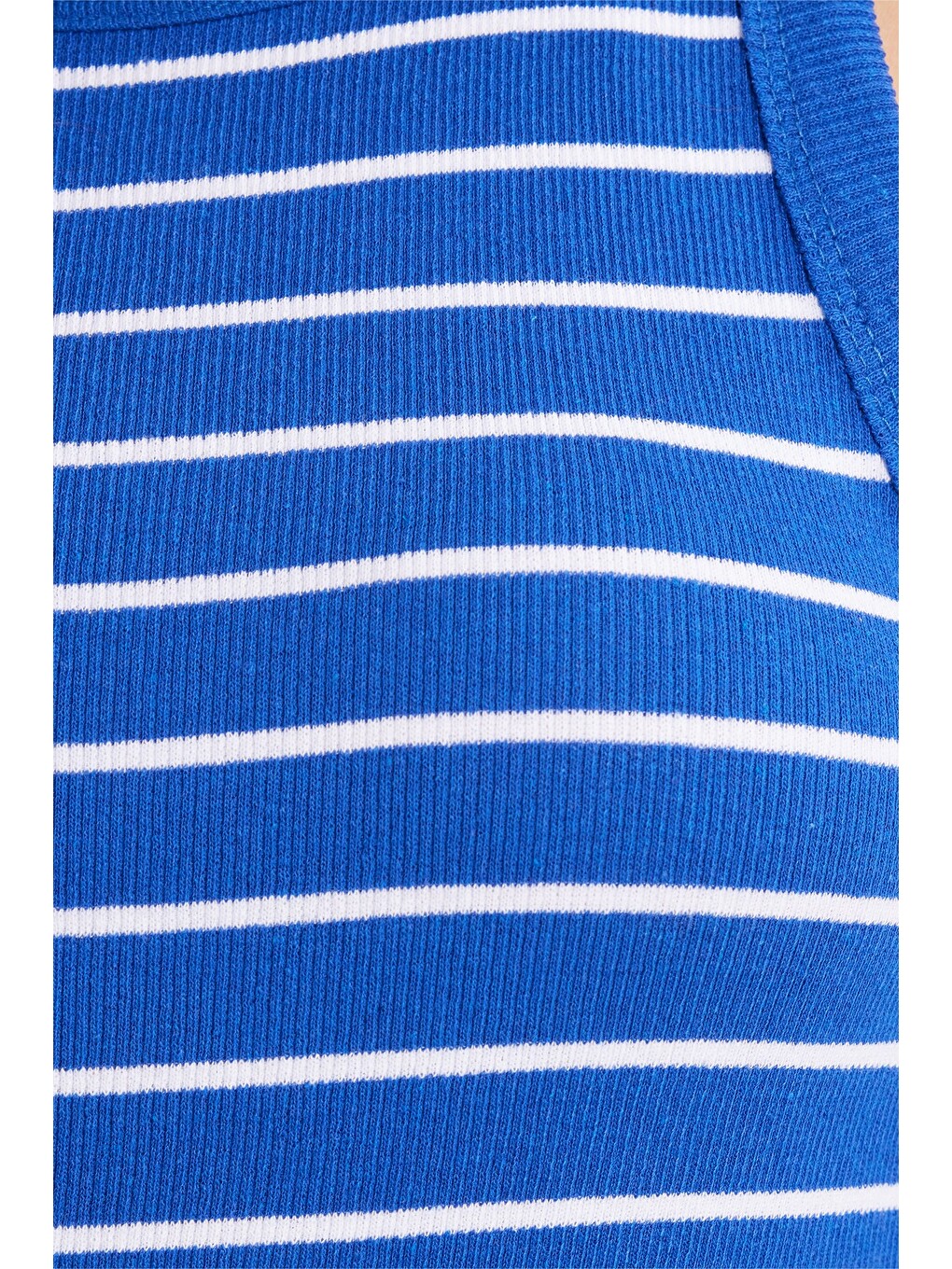 Kadın Slim Fit Dar Kesim Pamuklu Askılı Bisiklet Yaka Çizgili Saks Mavi Crop Atlet-4