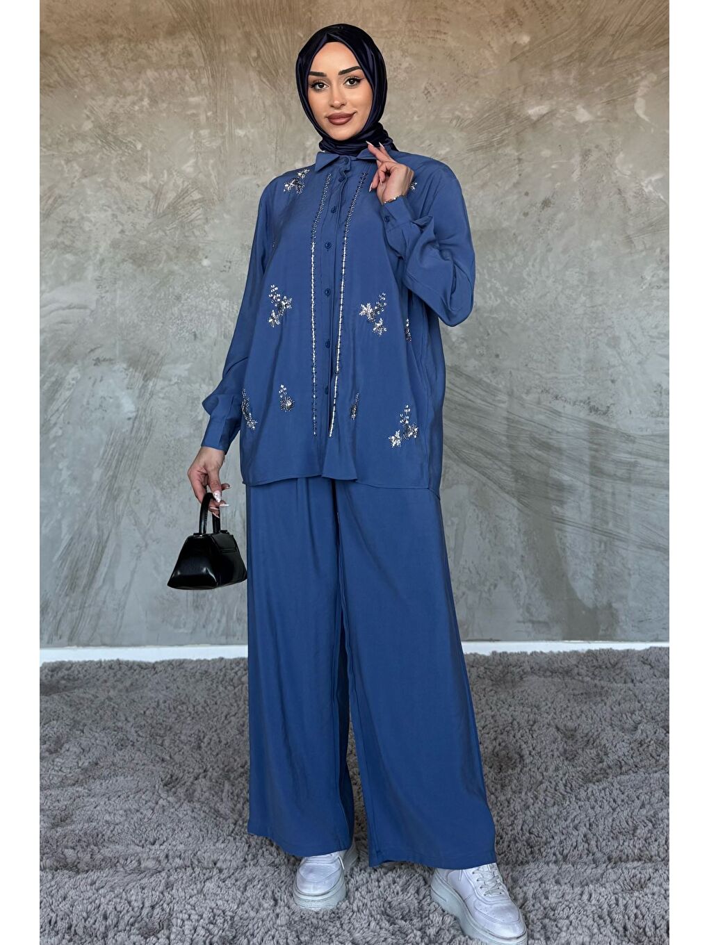 İndigo Kadın Boncuk İşlemeli Tesettür Gömlek Pantolon İkili Takım-2