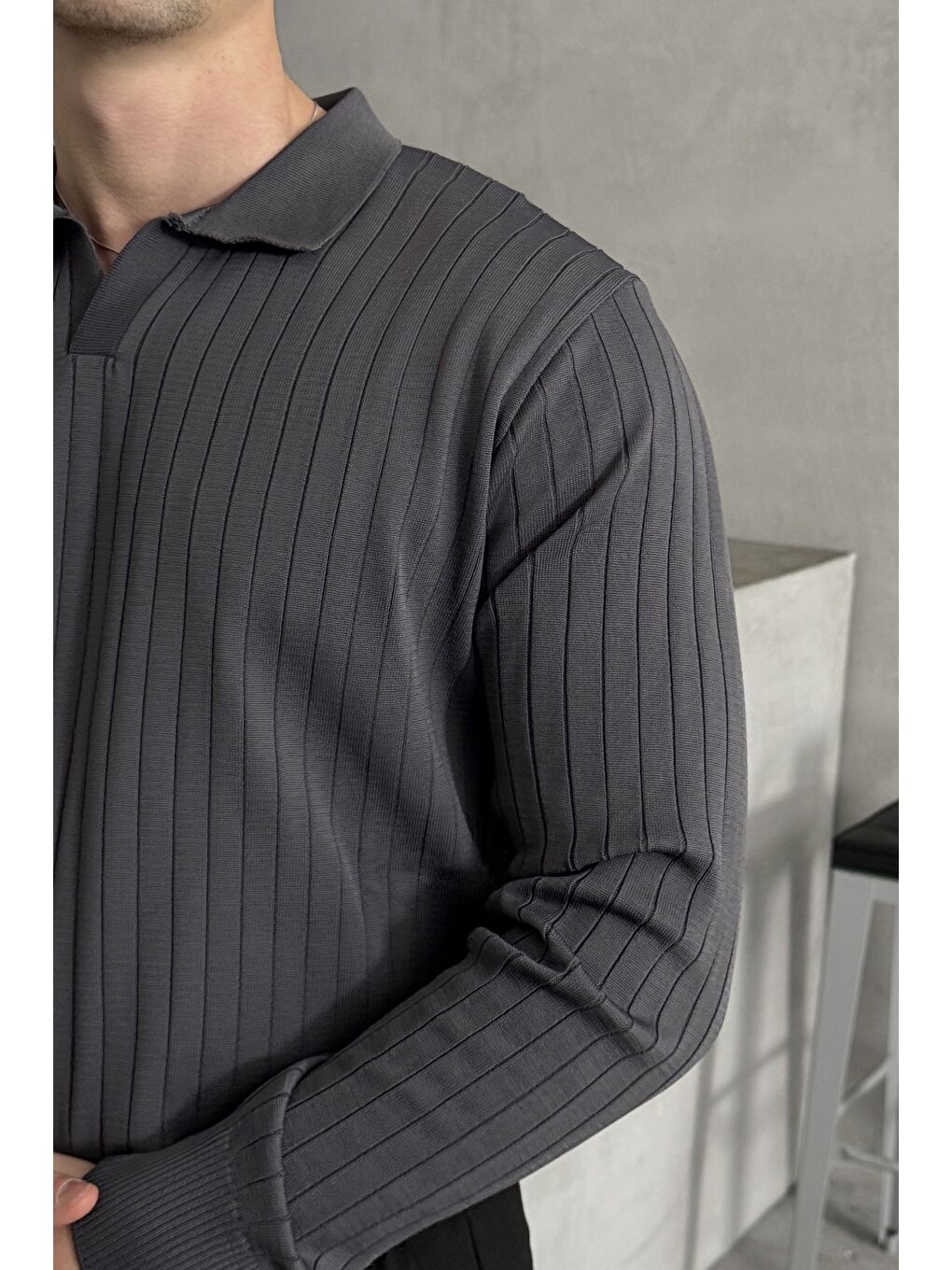 Antrasit Erkek Polo Yaka Fitilli Oversize Triko Kazak-3