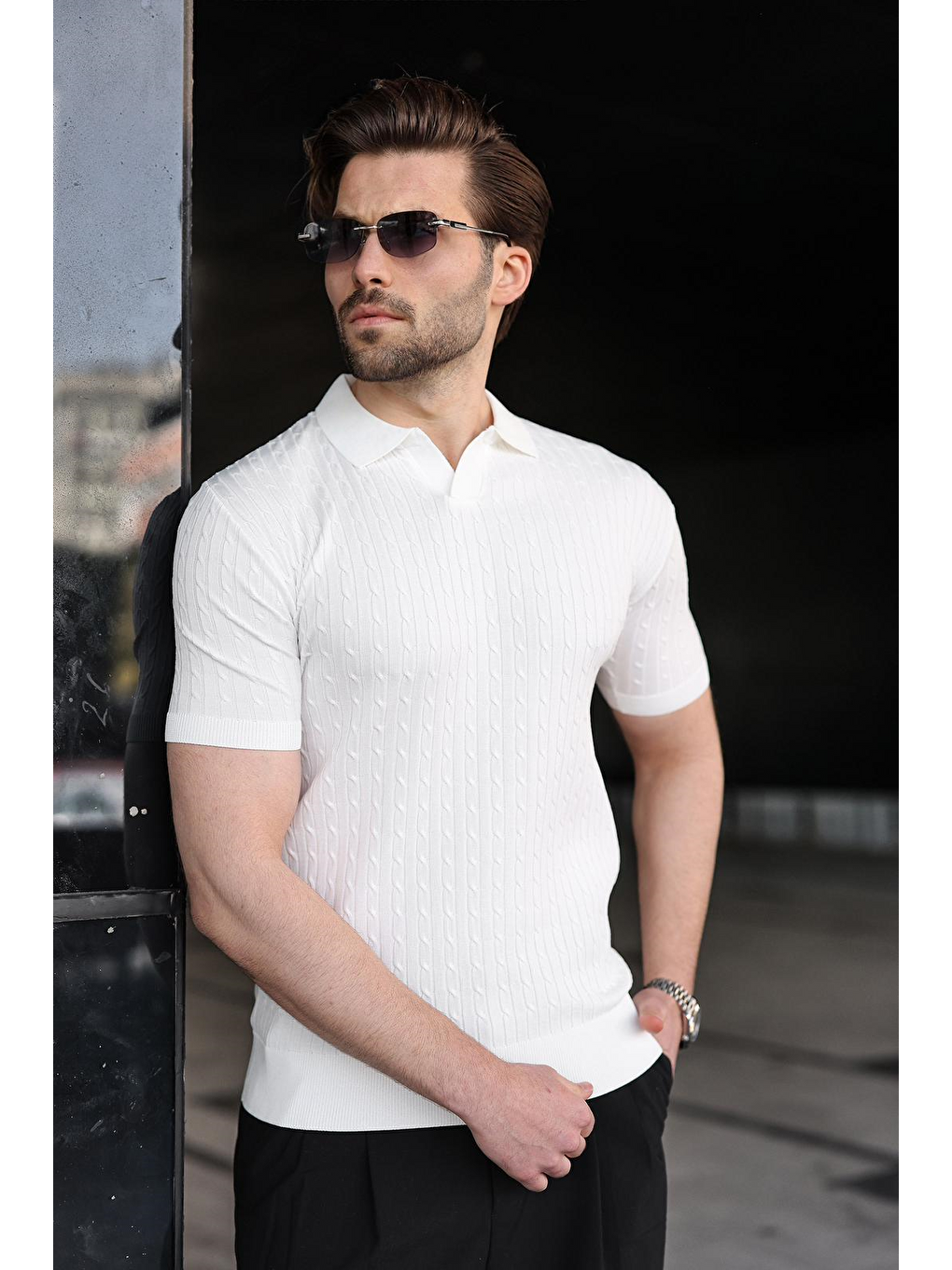 Beyaz Slim Fit Polo Yaka Triko Erkek Tişört E7472-1