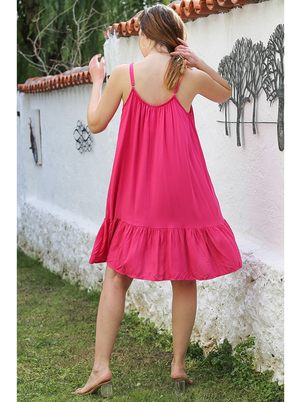 Fuşya Eteği Fırfırlı Ayarlanabilir Askılı Casual Viskon Dokuma Elbise 105 66-2