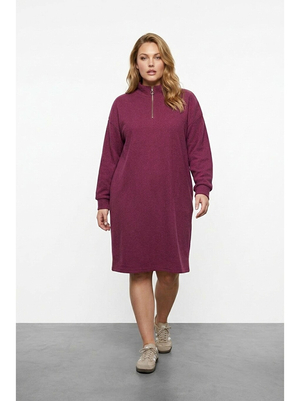 Bordo Fermuarlı Yumoş Elbise-5