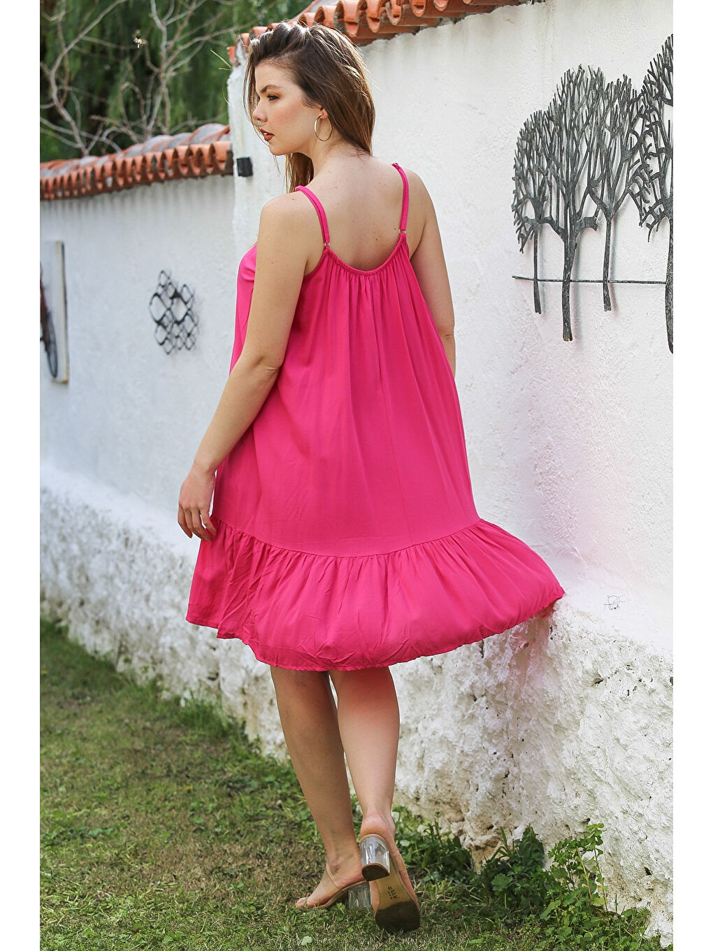 Fuşya Eteği Fırfırlı Ayarlanabilir Askılı Casual Viskon Dokuma Elbise 105 66-3