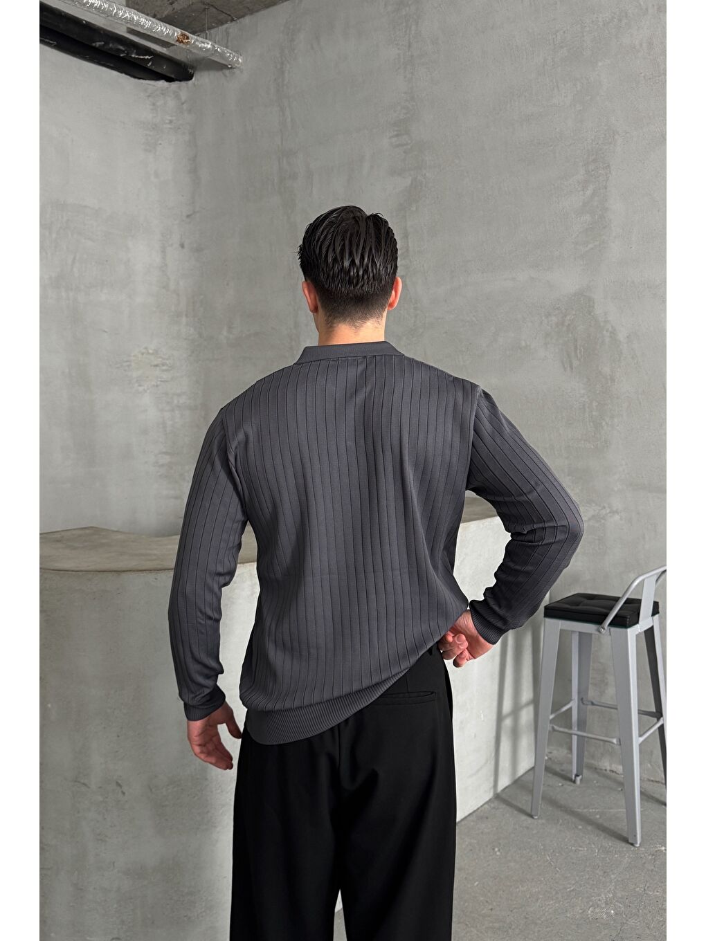 Antrasit Erkek Polo Yaka Fitilli Oversize Triko Kazak-4
